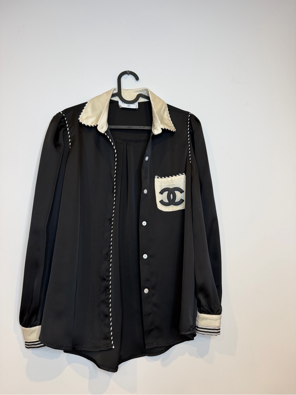 CHANEL Black Silk-Style Blouse Jacket with Cream Trim and CC Pocket